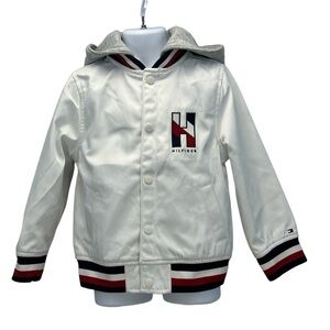 Tommy Hilfiger Boys Long Sleeve Logo Front Fabric Hood Varsity Jacket - White